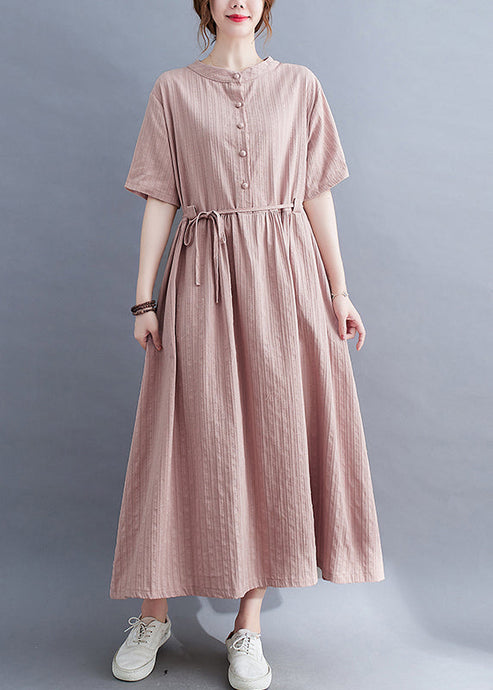 Classy Pink Stand Collar Button Tie Waist Long Dress Summer