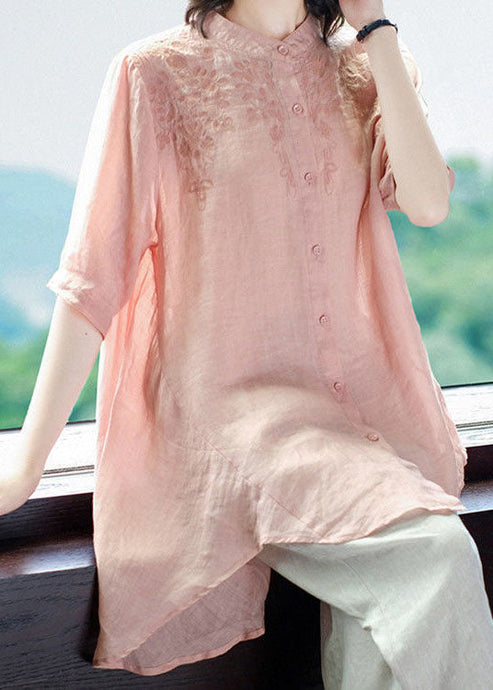 Classy Pink Stand Collar Embroideried Button Cotton Long Shirts And Pants Two Pieces Set Half Sleeve