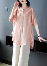 Load image into Gallery viewer, Classy Pink Stand Collar Embroideried Button Cotton Long Shirts And Pants Two Pieces Set Half Sleeve