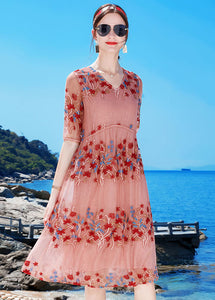 Classy Pink V Neck Embroideried Silk Holiday Cinch Dress Short Sleeve