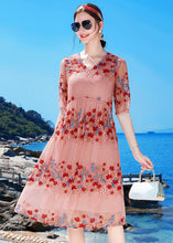 Load image into Gallery viewer, Classy Pink V Neck Embroideried Silk Holiday Cinch Dress Short Sleeve