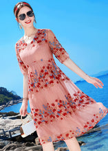 Load image into Gallery viewer, Classy Pink V Neck Embroideried Silk Holiday Cinch Dress Short Sleeve