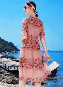 Classy Pink V Neck Embroideried Silk Holiday Cinch Dress Short Sleeve