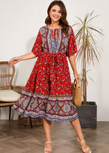 Load image into Gallery viewer, Classy Red O-Neck Print Tie Waist Silk Cotton Long Dress Half Sleeve