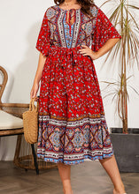 Load image into Gallery viewer, Classy Red O-Neck Print Tie Waist Silk Cotton Long Dress Half Sleeve