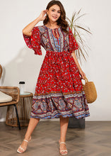 Load image into Gallery viewer, Classy Red O-Neck Print Tie Waist Silk Cotton Long Dress Half Sleeve