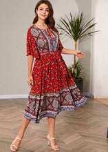 Load image into Gallery viewer, Classy Red O-Neck Print Tie Waist Silk Cotton Long Dress Half Sleeve