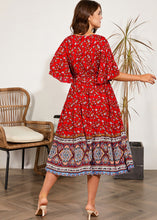 Load image into Gallery viewer, Classy Red O-Neck Print Tie Waist Silk Cotton Long Dress Half Sleeve