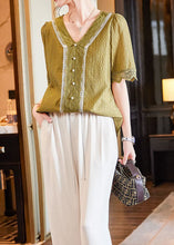 Load image into Gallery viewer, Classy Yellow V Neck Lace Nail Bead Patchwork Cotton Shirt Summer