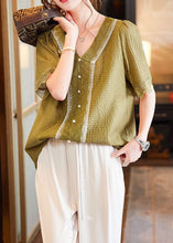 Load image into Gallery viewer, Classy Yellow V Neck Lace Nail Bead Patchwork Cotton Shirt Summer