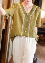 Load image into Gallery viewer, Classy Yellow V Neck Lace Nail Bead Patchwork Cotton Shirt Summer