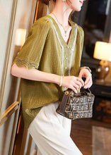 Load image into Gallery viewer, Classy Yellow V Neck Lace Nail Bead Patchwork Cotton Shirt Summer