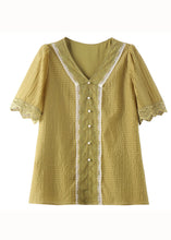 Load image into Gallery viewer, Classy Yellow V Neck Lace Nail Bead Patchwork Cotton Shirt Summer