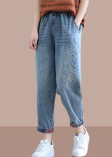 Load image into Gallery viewer, Classy Denim Blue Pant Spring Elastic Waist Embroidery Work Outfits Women Trousers