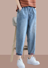 Load image into Gallery viewer, Classy Denim Blue Pant Spring Elastic Waist Embroidery Work Outfits Women Trousers