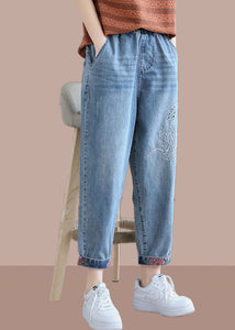 Classy Denim Blue Pant Spring Elastic Waist Embroidery Work Outfits Women Trousers