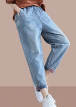Load image into Gallery viewer, Classy Denim Blue Pant Spring Elastic Waist Embroidery Work Outfits Women Trousers