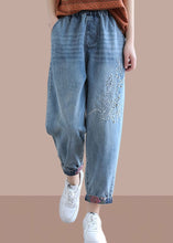 Load image into Gallery viewer, Classy Denim Blue Pant Spring Elastic Waist Embroidery Work Outfits Women Trousers