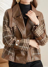 Load image into Gallery viewer, Coffee Patchwork Faux Leather Jackets Peter Pan Collar Zippered Fall