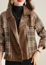 Load image into Gallery viewer, Coffee Patchwork Faux Leather Jackets Peter Pan Collar Zippered Fall