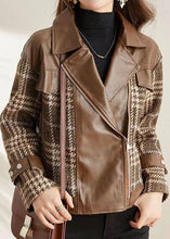 Load image into Gallery viewer, Coffee Patchwork Faux Leather Jackets Peter Pan Collar Zippered Fall