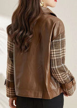 Load image into Gallery viewer, Coffee Patchwork Faux Leather Jackets Peter Pan Collar Zippered Fall