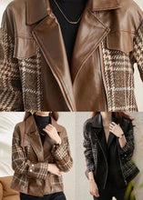 Load image into Gallery viewer, Coffee Patchwork Faux Leather Jackets Peter Pan Collar Zippered Fall