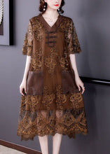 Load image into Gallery viewer, Chocolate Patchwork Lace Maxi Dresses V Neck Embroideried Summer