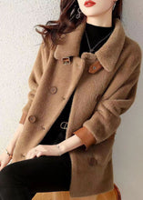 Load image into Gallery viewer, Coffee Pockets Patchwork Faux Fur Coat Peter Pan Collar Button Fall