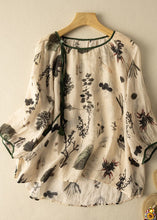 Load image into Gallery viewer, Coffee Print Patchwork Cotton Blouses O Neck Tasseled Summer