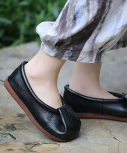 Comfortable Soft Black Cowhide Leather Flats Splicing Wrinkled