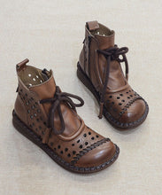 Load image into Gallery viewer, Comfortable Splicing Boots Khaki Cowhide Leather Hollow Out Lace U