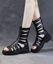 Load image into Gallery viewer, Comfortable Splicing Hollow Out Peep Toe Platform Boots Black Cowhide Leather