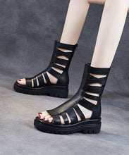 Load image into Gallery viewer, Comfortable Splicing Hollow Out Peep Toe Platform Boots Black Cowhide Leather