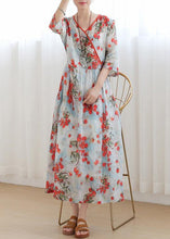 Load image into Gallery viewer, Cotton and linen  Jiangnan floral five-point sleeve high waist dress ramie printed long skirt