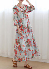 Load image into Gallery viewer, Cotton and linen  Jiangnan floral five-point sleeve high waist dress ramie printed long skirt