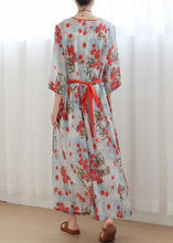 Load image into Gallery viewer, Cotton and linen  Jiangnan floral five-point sleeve high waist dress ramie printed long skirt