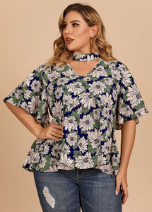 Cozy Green V Neck Print Patchwork Loose Cotton Top Butterfly Sleeve