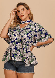 Cozy Green V Neck Print Patchwork Loose Cotton Top Butterfly Sleeve