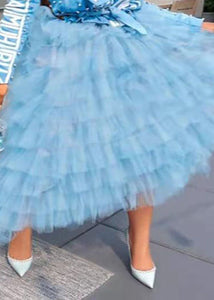 Cute Blue Asymmetrical High Waist Patchwork Tulle Skirt Summer