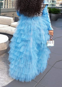 Cute Blue Asymmetrical High Waist Patchwork Tulle Skirt Summer