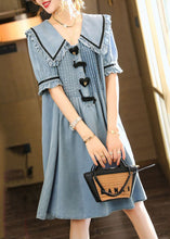 Load image into Gallery viewer, Cute Light Blue Peter Pan Collar Wrinkled Cotton Denim Dress Summer