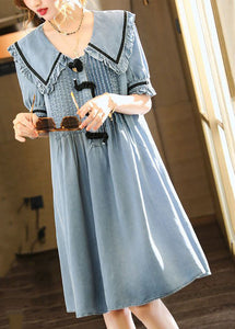 Cute Light Blue Peter Pan Collar Wrinkled Cotton Denim Dress Summer