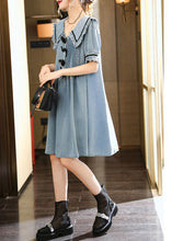 Load image into Gallery viewer, Cute Light Blue Peter Pan Collar Wrinkled Cotton Denim Dress Summer