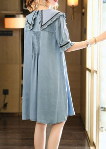 Cute Light Blue Peter Pan Collar Wrinkled Cotton Denim Dress Summer