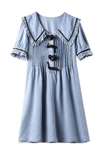 Load image into Gallery viewer, Cute Light Blue Peter Pan Collar Wrinkled Cotton Denim Dress Summer