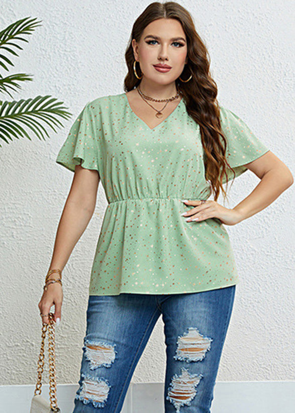 Cute Light Green V Neck Print Patchwork Chiffon Top Short Sleeve