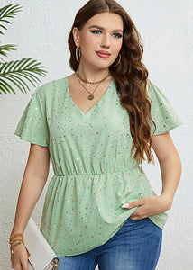 Cute Light Green V Neck Print Patchwork Chiffon Top Short Sleeve