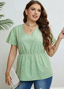 Cute Light Green V Neck Print Patchwork Chiffon Top Short Sleeve