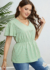 Cute Light Green V Neck Print Patchwork Chiffon Top Short Sleeve